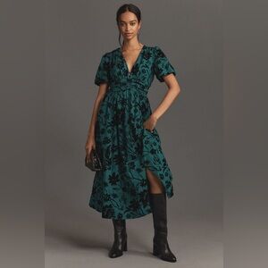 Anthropologie Katerina Button Front Midi Dress Dark Emerald Green w/ Velvet